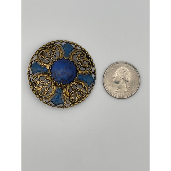 Vintage Brooch Oxidized Gold Tone Blue Accents Blue Stone W Germany - Picture 11 of 11